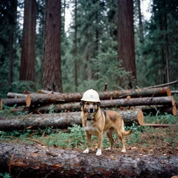 dog wearing hard hat in clear cutting logging operation, old growth forest, ektachrome, photo from 1 9 9 8,