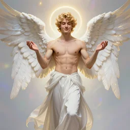fullbody portrait of a beautiful young fit male angel with curly blond hairs, soft smile, closed eyes, open blessing palms, dressed in long fluent skirt, majestic symmetrical soft eagle wings, luminous halo, by greg rutkowski and alphonse mucha, gradient white to gold, in front of an iridescent background, highly detailed portrait, digital painting, smooth, focus illustration