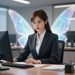 epic professional digital art of a fairy in a professional business suit, sitting at a desk,, best on artstation, cgsociety, wlop, Behance, pixiv, astonishing, impressive, outstanding, epic, cinematic, stunning, gorgeous, much detail, much wow,, masterpiece.