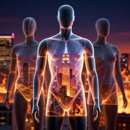 3 d render of a mannequin printed with geometric neon, city of los angeles on fire in the background, transcendent, 4 k, trending on artstation, award winning, photorealistic, clean line - work, dramatic, finely detailed, volumetric lighting, octane render