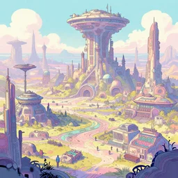 a scifi landscape graffiti by Dan Mumford, by Tokio Aoyama,trending on artstation,intricate,2d,4k,pastel colors