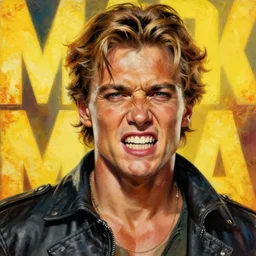 realistic portrait painting with hysterical bts member as mad max, made by michelangelo, physical painting, sharp focus, digital art, bright colors, fine art, trending on artstation, unreal engine