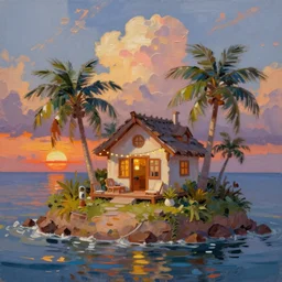 a very very small island! with a cute cozy cottage!! on it and a patio!! with chairs and string lights, palm trees, sunset, puffy clouds, dramatic and dynamic lighting, thick brush strokes oil impasto painting