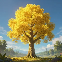 a screenshot of a towering urdtree. it is glowing yellow, beautiful scenery, professional artwork, artstation