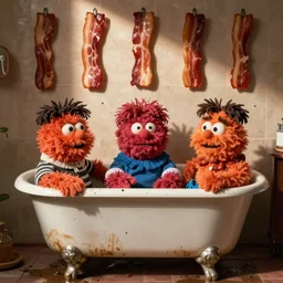characters from gummo sitting in a dirty bath tub with bacon taped to the wall
