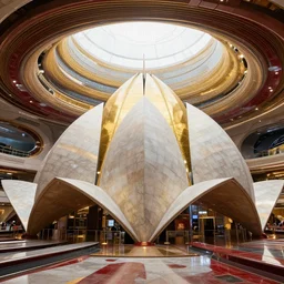 interior of a futuristic lotus temple space station with gold, red and white marble panels, by buckminster fuller and syd mead, intricate contemporary architecture, photo journalism, photography, cinematic, national geographic photoshoot