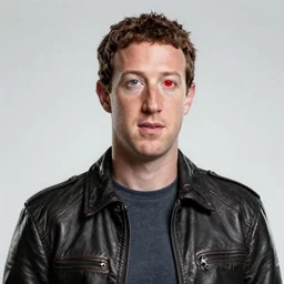 Mark Zuckerberg plays Terminator, wearing leather jacket, red eye, VFX film