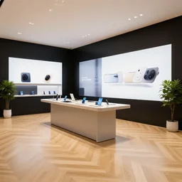 hyperdetailed samsung store. zen, ethereal, soft. oak parquet, black walls, digital walls, plants