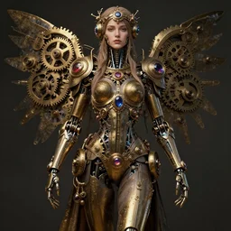 A ful body photo of a steampunk beautiful goddess, she half human and half robot, she is embellished with gears wheels and gemstones, by William Holman Hunt, Greg Rutkowski, Stanely Artgerm, Tooth Wu, Peter Gric, Aaron Horkey, trending on Artstation, digital art, mythological, symmetrical artwork, cinematic lighting, hyper realism, high detail, octane render, ultra realistic, golden ratio, 4k, 8k