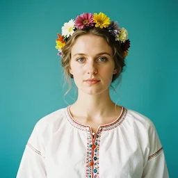 a photograph of beautiful nordic woman wearing a white folkdrakt dress, she has a summer flower headband. against a teal studio backdrop. close - up. strong kodak portra 4 0 0 film look. film grain.