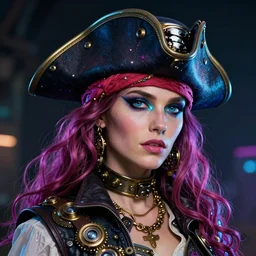 a head and shoulders portrait of a space pirate, neon, retro, steampunk, smooth, sharp focus, intricate, artstation, detailed concept art by Greg Rutkowski and Norman Rockwell and artgerm