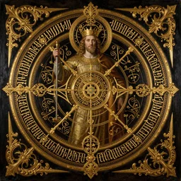 hyper realistic painting portrait of the lord of time, occult diagram, elaborate details, rococo, baroque, gothic, intrincate ornaments, gold decoration, caligraphy, occult art, illuminated manuscript, oil painting, art noveau, in the style of roberto ferri, gustav moreau, waterhouse - c 9