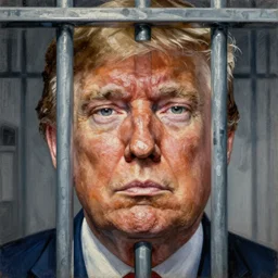 behind bars of jail gediminas pranckevicius | close up portrait of a the trump in the sinister valley of despair, one mouth, one nose, two eyes, oil painting by tomasz jedruszek, cinematic lighting, pen and ink, intricate line, hd, 4 k, million of likes, trending on artstation