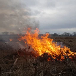 A realistic detailed photo of a field, fire, fire particles, dead plants, cloudy sky, foggy landscape, light particles, detailed light, realistic shaders, trending on artisation, detailed textures, detailed, realistic.
