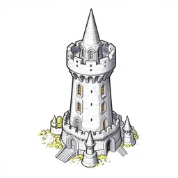 isometric view of a wizard tower, colored lineart