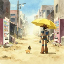 incredible wide screenshot, ultrawide, simple watercolor, rough paper texture, anime movie scene, backlit distant shot of robot cowboy with his cute dog Eddy, side view, yellow parasol in deserted dusty shinjuku junk town, broken vending machines
