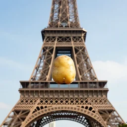 close up of a potato stuck on the top of the eiffel tower in paris. photographic, photography