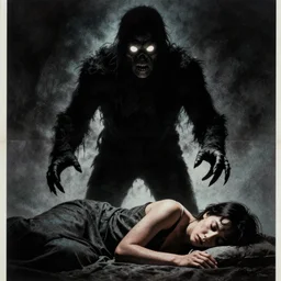 1 9 8 0's horror film poster, a monster stands, with its hand reaching out, over a sleeping person