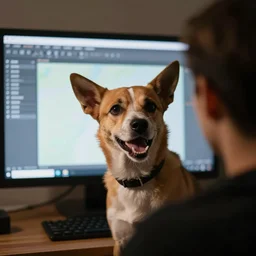barking angry dog looking at monitor photo dramatic lighting from behind