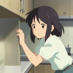 anime film visual illustration of a young woman looking in a kitchen cabinet from a distance, cute face by ilya kuvshinov, makoto shinkai, kyoani, dynamic pose, crisp and sharp, yoshinari yoh, rounded eyes, anime poster, ambient light, realistic smoothing, focused, flat, cel shaded