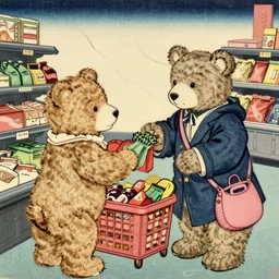 teddy bears buying groceries, in the style of ukiyo - e n - 4