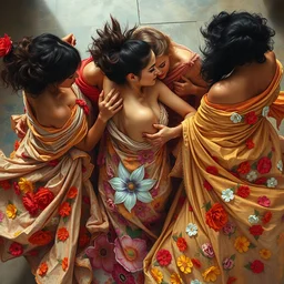 top angle view, wide lens of multiple interracial females draped in rotten colorful flowery dress, dancing with each other, beautiful concept painting by caravaggio, ruan jia, jakub rebelka, artgerm, greg rutkowski, edgar maxence