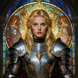 masterpiece head-on symmetrical centered painted portrait, Imogen Poots as a paladin, Warcraft theme, blonde hair, glorious, wearing full metal armour, glowing stained glass backdrop, elegant, in the style of Ruan Jia and Artgerm and Edgar Maxence and Ross Tran and Alphonse Mucha and Ayami Kojima and Charlie Bowater and Karol Bak and Jean Delville, Art Nouveau, Pre-Raphaelite, Neo-Gothic, gothic, Art Nouveau, rich deep moody colors, 8k, specular highlights, octane render