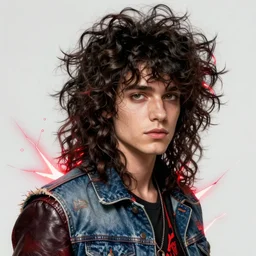 Portrait of a pretty punk rock young man with messy long curly dark brown hair and a denim vest over a leather jacket surrounded by red lightning, face, intricate, elegant, highly detailed, digital painting, artstation, concept art, smooth, sharp focus, illustration, art by Fernanda Suarez and Artem Demura and alphonse mucha