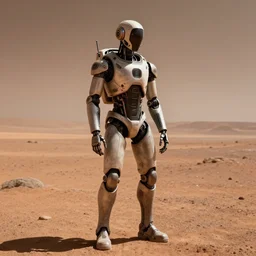 realistic human - like android on mars, alone, apocalypse, low power, realistic light and shadow effects