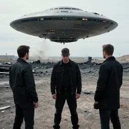 photo of men in black at a ufo crash site