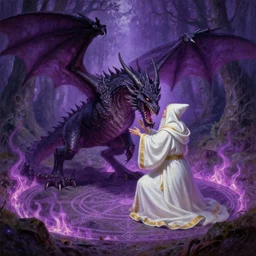 a dark dragon is gnawing a wizard in a white robe with a golden border, in a magical forest clearing, details, purple fire around magic arena, arcane style, futurism, painting by greg rutkowski, j. c. leyendecker, artgerm