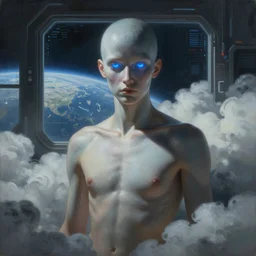 ultra realist and ultra intricate detailed soft painting of a cyberpunk sci-fi male, from the waist up, porcelain skin, symmetry features, glowing blue eyes, sensual gloomy style, volumetric clouds, cyberpunk window overlooking earth in background