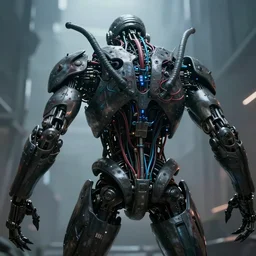 close - up cinematic shot of a terrifying ominous evil cyborg charging behind the neck!!!!!, hyper detailed schematics neural sci fi, wires and cables from the back of the neck, high octane cybernetics, featured on cgsociety, ultra 4 k concept turnaround