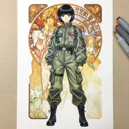 a copic maker full body manga portrait by yoshiyuki sadamoto, alphons mucha, norman rockwell of an anime girl detailed features wearing a pilot suit cargo streetwear - lots of zippers, pockets, synthetic materials, chic'techno fashion trend by issey miyake and balenciaga 8 k