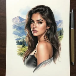 tattoo design sketch of a beautiful girl against a beautiful mountain scenery, hyper realistic