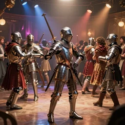 a group of knights templar at a 8 0 s dance party, epic scene, cinematic, very detailed, video game concept art by greg rutkowski, craig mullins