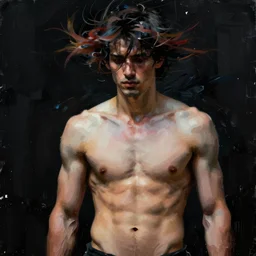 closeup of a thin, athletic physique man's body explodes in abstract, thick flowing dramatic brush strokes, strong wind, black background, matte colors, impressionist, extreme motion, trending on artstation