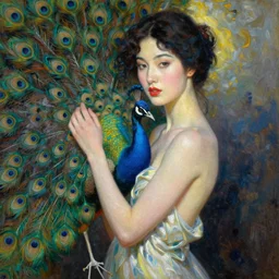 oil painting detailed woman and peacocks painted by Erte