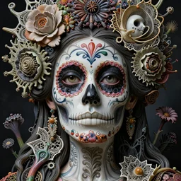 detailed realistic beautiful porcelain calaveras goddess face portrait by jean delville, gustave dore, iris van herpen and marco mazzoni, art forms of nature by ernst haeckel, art nouveau, symbolist, visionary, gothic, neo - gothic, pre - raphaelite, fractal lace, intricate alien botanical biodiversity, surreality, hyperdetailed ultrasharp octane render