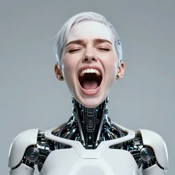 beautiful centered Fine art photo portrait of Allison Parker screaming with eyes closed, as a solarpunk robotic humanoid, white mechanical parts with led lights, photorealistic, white background, highly detailed and intricate, sunset lighting, HDR 8k