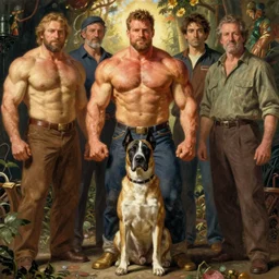 sargent and leyendecker and greg hildebrandt, full body portrait of bodybuilder muscular dog andrew wyeth, stephen bliss, loish, rhads, ferdinand knab, makoto shinkai, global illumination, radiant light, detailed and intricate environment