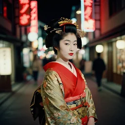 a Japanese geisha on a street at night, 1966, 35mm photography, red neon lights