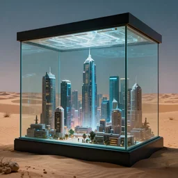 a huge glass aquarium with a cyberpunk city hidden inside, in the desert, photo realism, f / 1. 9 6. 8 1 mm iso 4 0