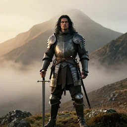 a long shot, high quality dslr photo of a tall and muscular man with long black hair in authentic 1 4 th - century armor standing holding a claymore sword. tough and stoic looking. dramatic and cinematic lighting. golden hour. foggy and atmospheric. ben nevis the scottish mountain is in the background. epic and heroic tone. editorial award winning photograph.