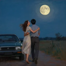 oil painting, happy lovers leaving together, she is carressing him, walking towards the full moon, cinematic lighting, wow, establishing shot