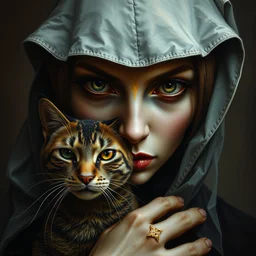 oilpainting of ceramic smooth blend 3 / 4 portrait of mysterious ancient lady with her magic cat gold gild stripes in style of michael hussar realistic and detailed sharp center focus dark 8 k