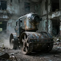 cinematic steam roller in an abandoned decayed city