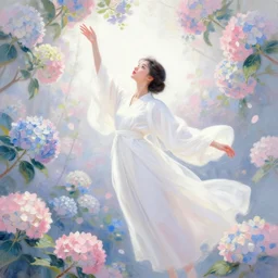 a beautiful elegant flower princess wearing white robes floating in the air surrounded by pink - blue - white hydrangeas, portrait, oil pastels, perfect face, reaching towards the sky, white mood lighting, volumetric light, character concept art, digital art, trending on artstation