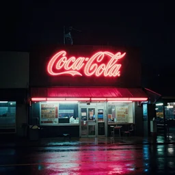 kodachrome photograph, saturated photo, neon coca - cola sign on a rainy night