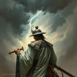 painted back portrait of design of a chinese anicientwarrior in clothes with a broadsword, down hard, dark cloud and lightning on the background by greg rutkowski craig mullins artgerm alphonse mucha, w, chinese greek motifs background ] background fantasy intricate elegant detailed digital painting concept art artstation sharp focus illustration